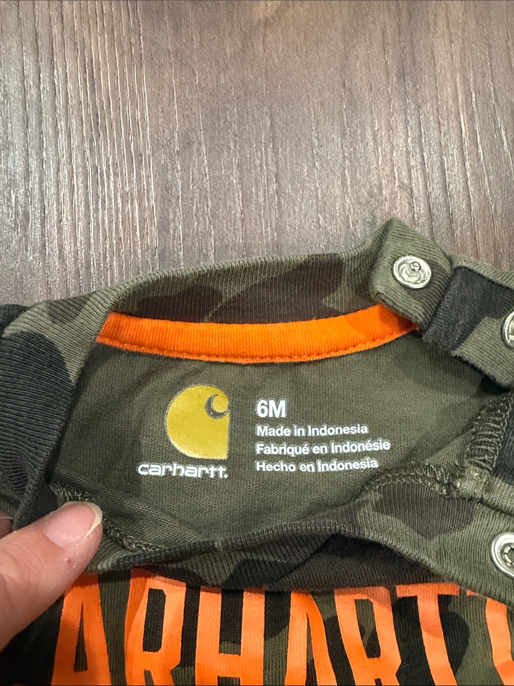 Carhartt Olive and Black Camo Baby Bodysuit with Orange Logo - Picture 5 of 6
